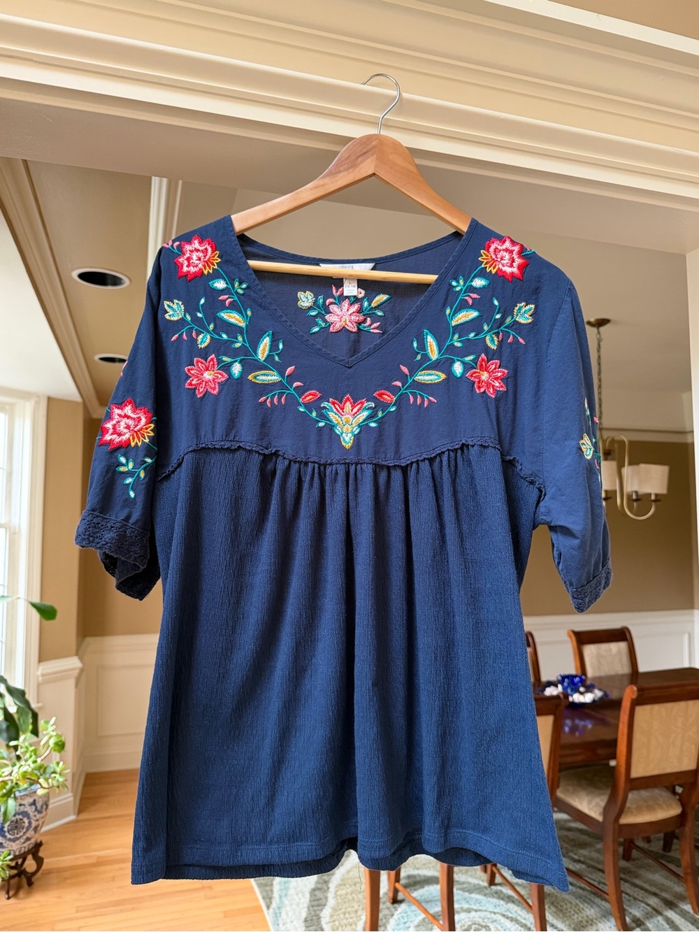 Time and Tru Navy Top with Multicolor Floral Embroidery